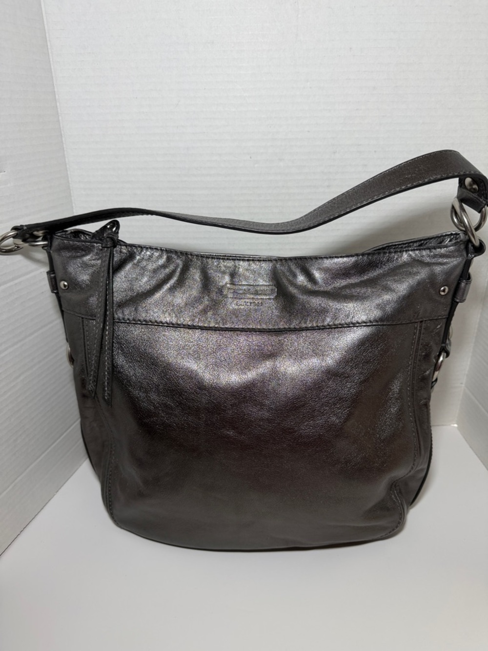 14706 Coach Zoe Silver Metallic Leather Hobo Bag